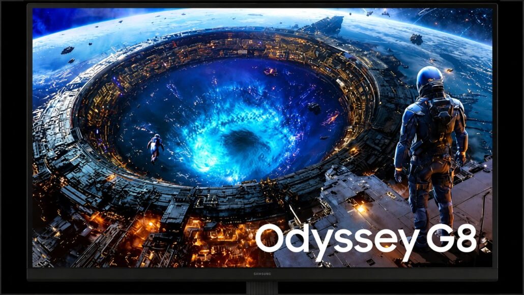 Samsung Odyssey G8 monitor displaying a sci‑fi space scene: a ringed space station around a glowing blue vortex, with an astronaut at the edge and the 'Odyssey G8' title text.
