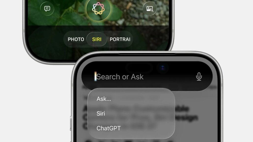 iPhone screen showing Siri prompt with a translucent menu listing Ask…, Siri, ChatGPT over a blurred background image search bar at the top