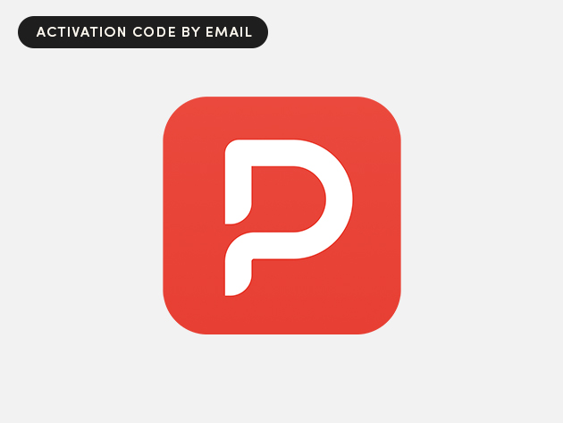 App icon: red rounded square with a white stylized P and a black badge that says 'ACTIVATION CODE BY EMAIL' in the corner-tope-left.