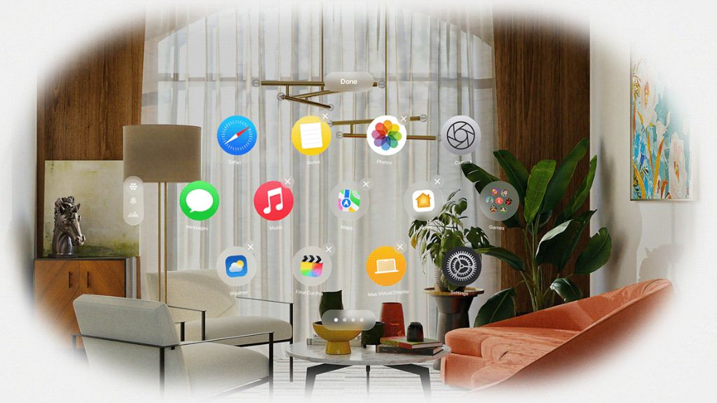 Stylish living room with a floating AR app menu of colorful icons above the coffee table.