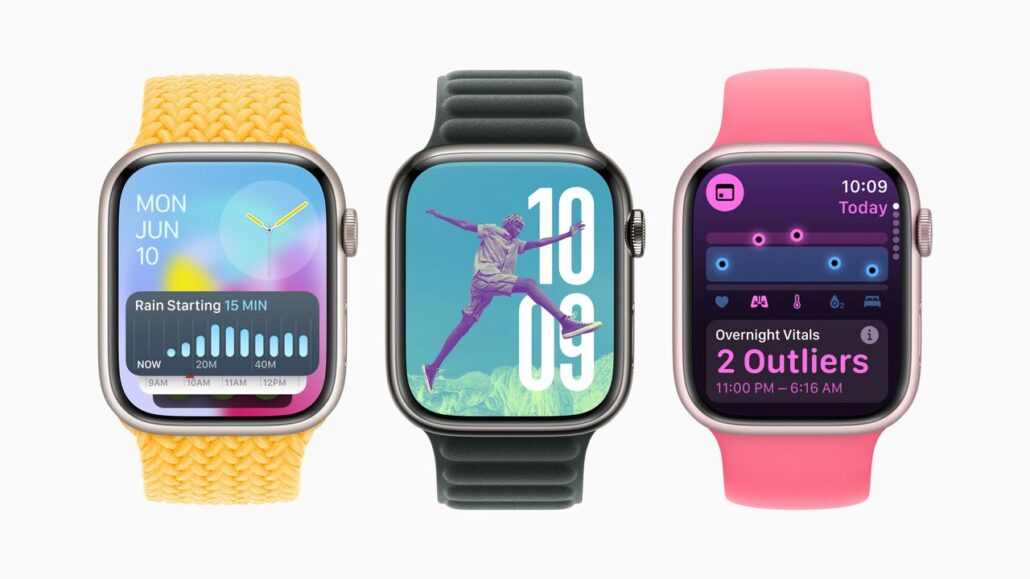 Triple Apple Watch lineup with yellow woven, dark sport, and pink silicone bands, displaying different watch faces.