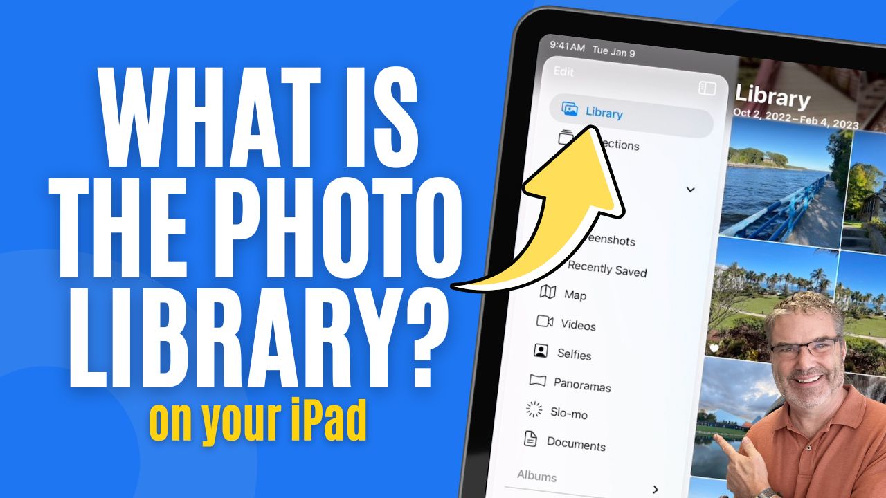 Thumbnail for a video about the iPad Photo Library, showing a blue background and an iPad screen with a menu and a smiling man on the right.
