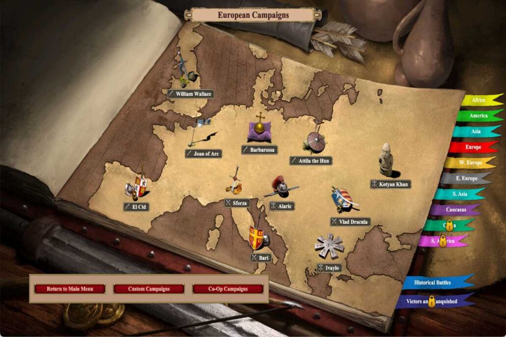 Interactive world map showing European campaigns with labeled characters and colorful region ribbons on the right side, fantasy strategy UI.
