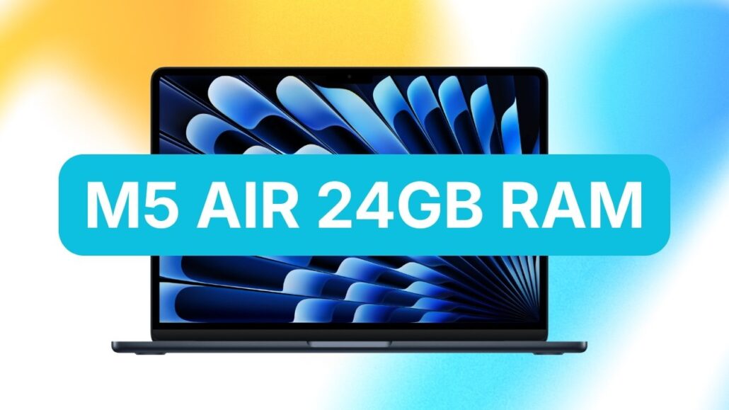 Laptop with a bright cyan banner across saying 'M5 AIR 24GB RAM', advertising a high-memory laptop.