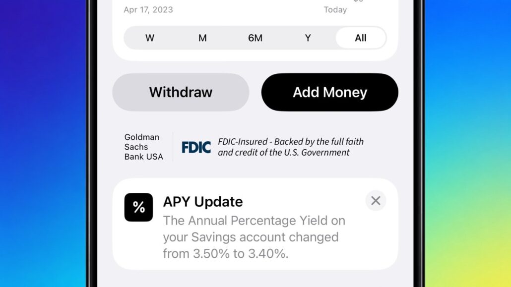 Mobile banking app screen with Withdraw and Add Money buttons, plus logos for Goldman Sachs and an FDIC badge and an APY Update notification card.