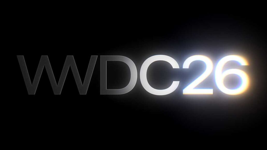 WDC26 logo in bold gray letters with a bright glow on the right against a black background.