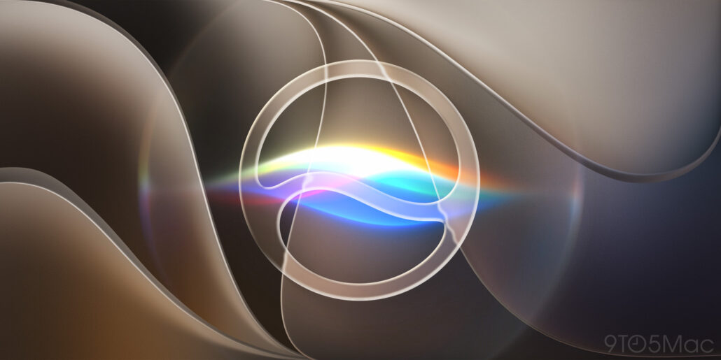 Abstract digital art with a glowing circular 'e' and rainbow light on a dark bronze background.
