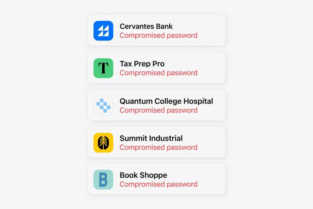 Five panels showing services with compromised passwords: Cervantes Bank, Tax Prep Pro, Quantum College Hospital, Summit Industrial, and Book Shoppe, each accompanied by a red 'Compromised password' label and a colored app icon.
