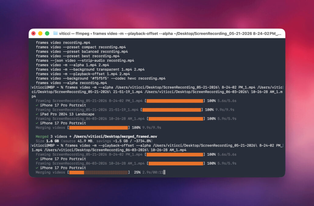 Terminal window running FFmpeg commands with multiple orange progress bars indicating video processing and merging.