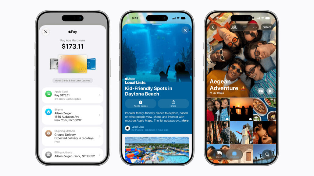 Three iPhone screens showing Apple Pay checkout, Maps Local Lists page, and a colorful photo gallery grid.