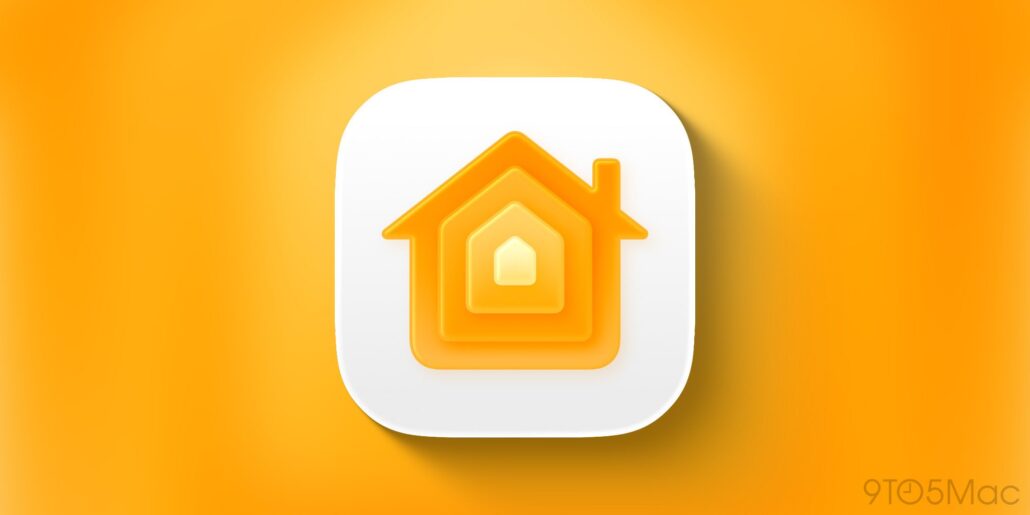 Home app icon: layered orange house symbol on a white rounded square, set against a bright orange background