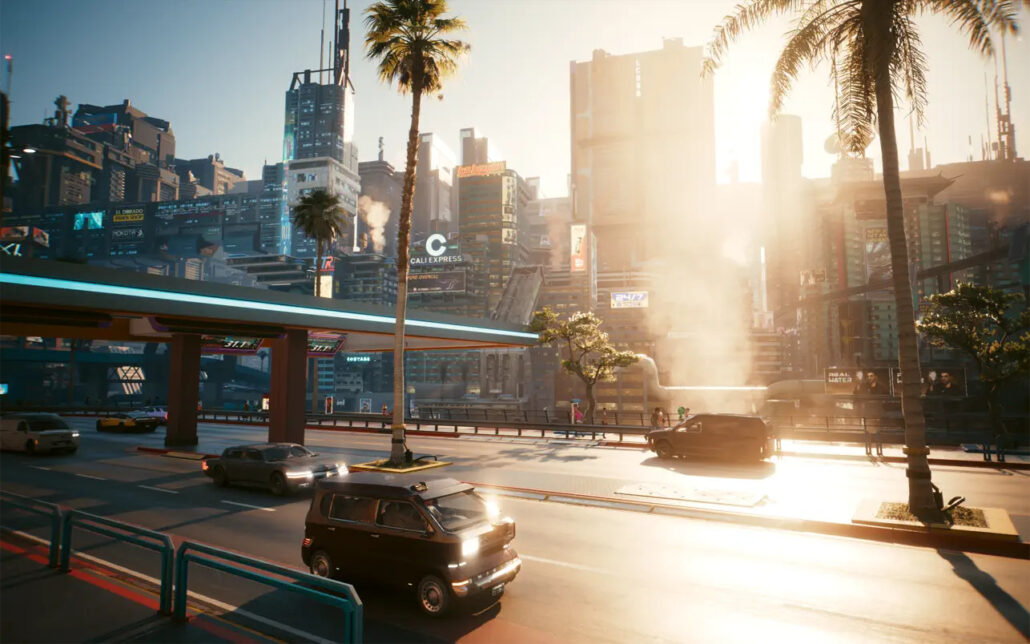 Futuristic city street at sunset with palm trees, an elevated highway, and steam vents among tall neon skyscrapers.