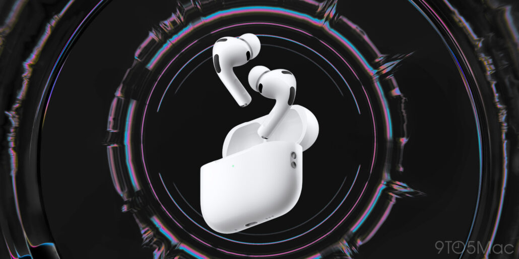 Apple just released new AirPods Pro beta firmware for iOS 27 features - Dans Tutorials - Dans Tutorials White AirPods Pro with open charging case, floating against a dark background with neon circular reflections.
