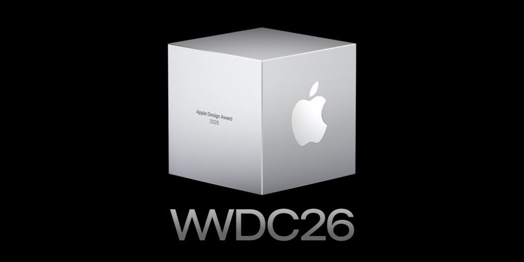 Apple reveals Apple Design Awards app and game winners for 2026 - Dans Tutorials - Dans Tutorials Silver award cube with Apple logo and the text 'Apple Design Award 2026' on a black background, 'WWDC26' beneath it (WWDC logo screen).