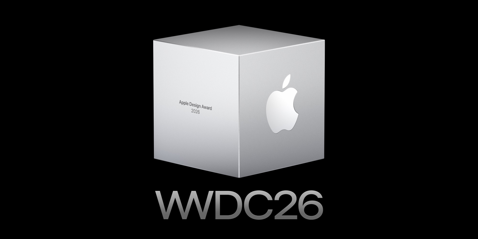 Silver award cube with Apple logo and the text 'Apple Design Award 2026' on a black background, 'WWDC26' beneath it (WWDC logo screen).