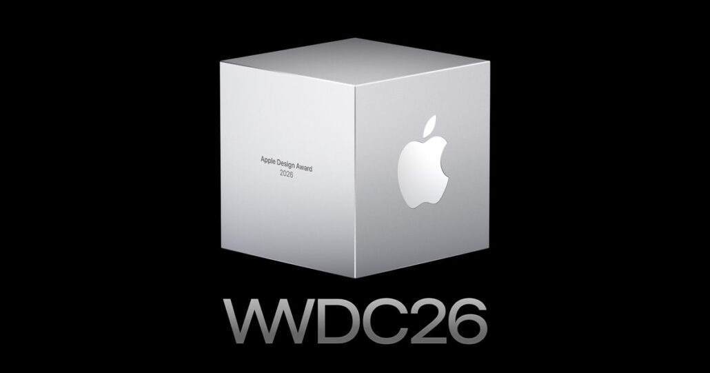 Silver cube with the Apple logo and 'Apple Design Award 2026' text on a black background, with 'WDC26' below, conveying an Apple design awards graphic for WWDC 2026.