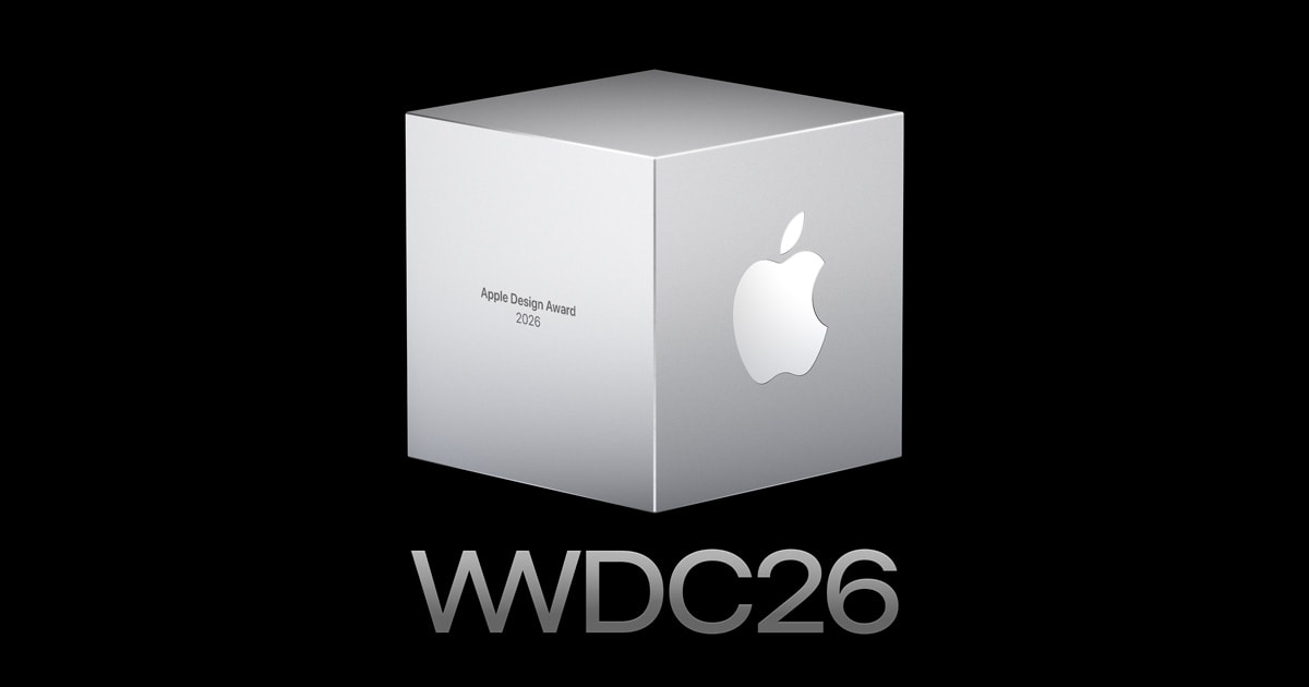 Silver cube with the Apple logo and 'Apple Design Award 2026' text on a black background, with 'WDC26' below, conveying an Apple design awards graphic for WWDC 2026.
