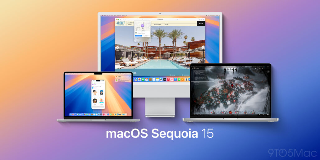 Promo banner showing macOS Sequoia 15 across multiple devices (laptops/tablet), with a gradient background and the text macOS Sequoia 15.