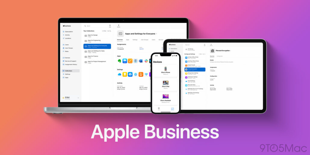 Apple Work How zero-touch enrollment killed the market for stolen corporate devices - Dans Tutorials - Dans Tutorials Banner showing multiple Apple devices (MacBook, iPad, iPhone) displaying Apple Business admin interface on a orange-to-purple gradient background.