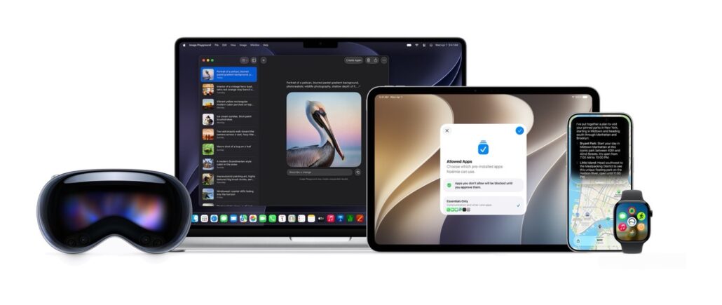 Group of Apple devices in a line: VR headset, MacBook, iPad, iPhone, and Apple Watch showcased together.