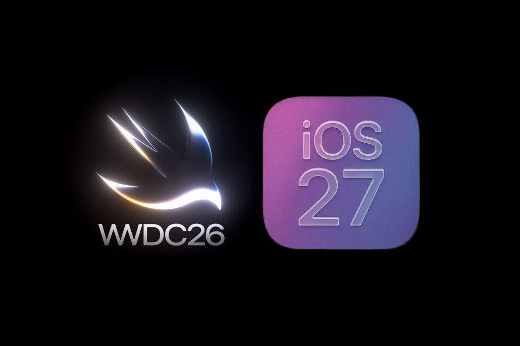 Apple WWDC26 logo with glossy swoosh on left, 'WWDC26' text below, next to a purple rounded app icon showing 'iOS 27' on the right