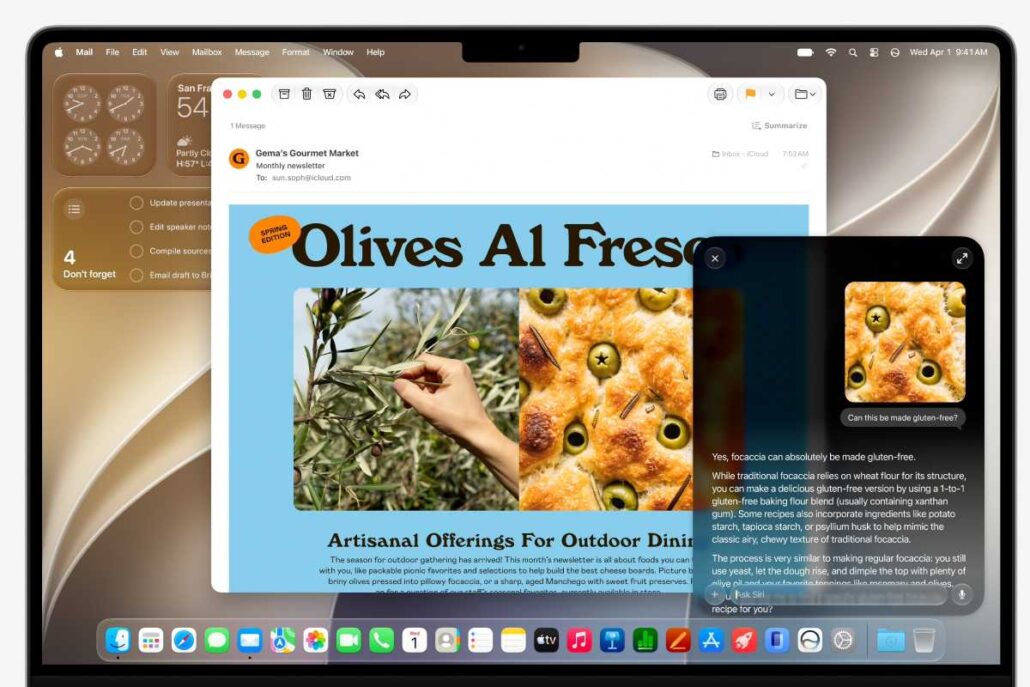 Apples new Siri doesnt feel very new - Dans Tutorials - Dans Tutorials MacBook and iPad screens showing an email window and a colorful newsletter titled 'Olives AI Fresh' with olive and pizza images.