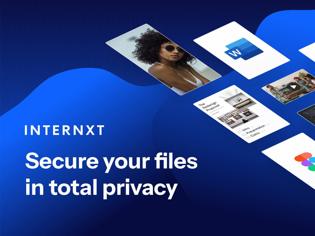 Hero banner for INTERNXT: deep blue gradient with floating tiles and the headline 'Secure your files in total privacy'.
