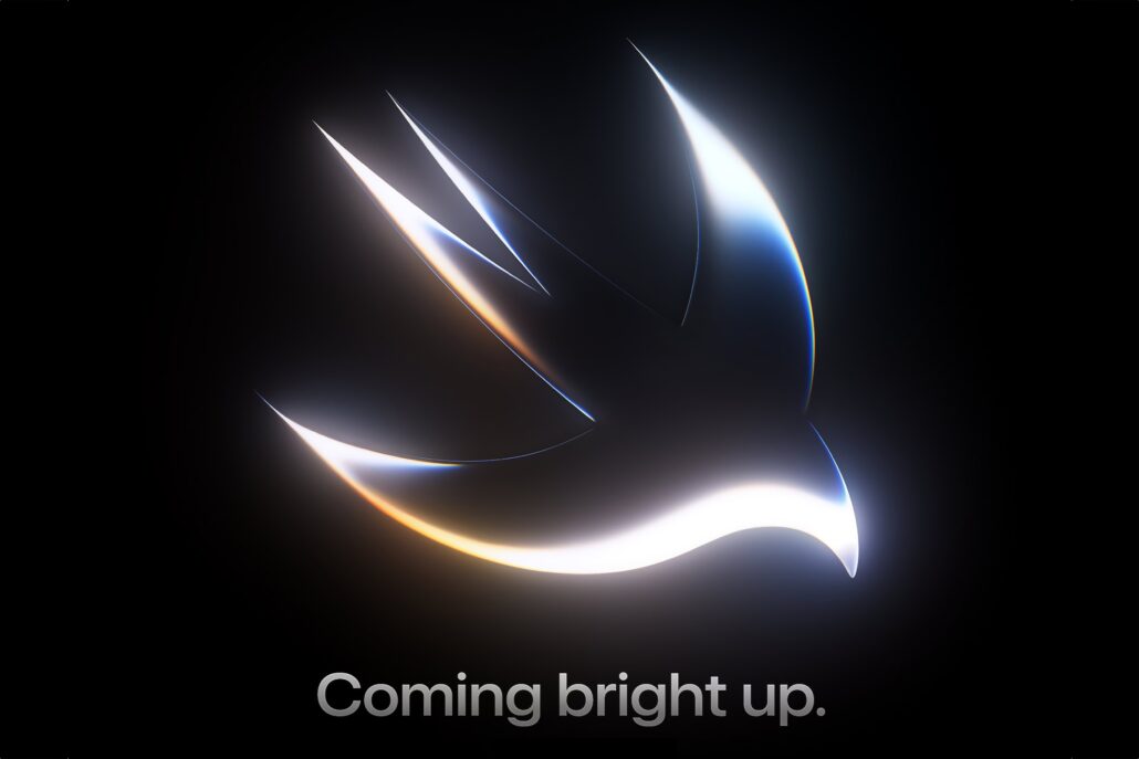 Abstract dark background with flowing neon light trails in orange, white, and blue; bottom text reads 'Coming bright up.'