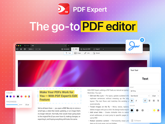 Promo image for PDF Expert: colorful gradient background, logo, and the text 'The go-to PDF editor' with UI previews on a laptop screen.
