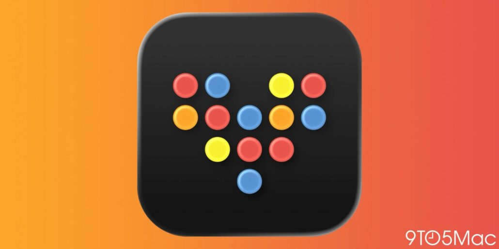 App icon: black rounded-square with a grid of red, blue, yellow, and orange circular buttons on an orange gradient background (9to5Mac watermark).