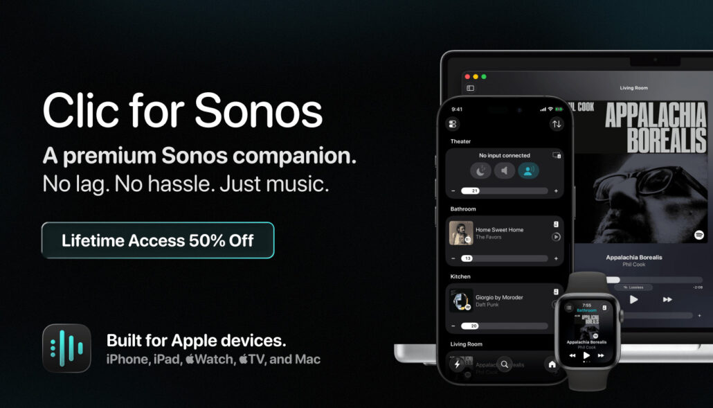 Advertising banner for Sonos app: left-aligned text with headline and CTA 'Lifetime Access 50% Off'; dark gradient background.