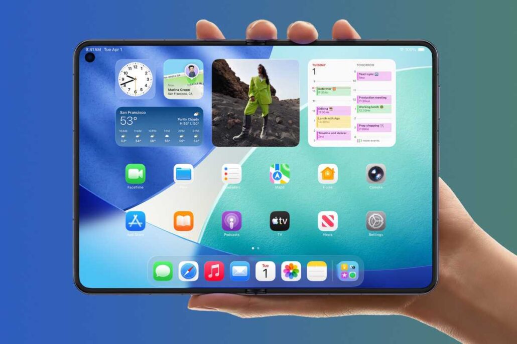 Tablet held in one hand displaying a home screen with multiple widgets (weather, clock, calendar) and app icons on a colorful background, resembling a modern iPad interface.