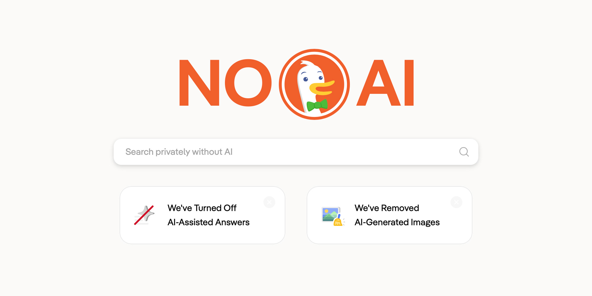 NOA AI hero: duck logo in a red circle, with a large search bar reading 'Search privately without AI' and two feature cards about turning off AI-assisted answers and removing AI-generated images.