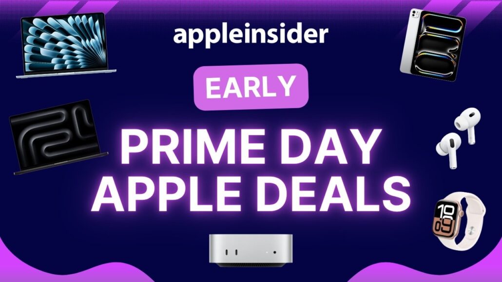 Early Prime Day Apple deals start at just - Dans Tutorials - Dans Tutorials Banner announcing early Prime Day Apple deals from AppleInsider with floating laptops, iPad/Watch/AirPods on a purple gradient background