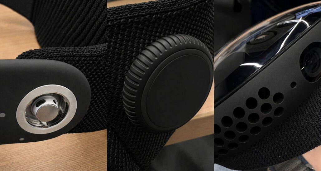 Close-up collage of headphone parts: left shows a silver-ringed earcup, middle a black cushioned ear pad, right a glossy black housing with perforated base on a wooden table.