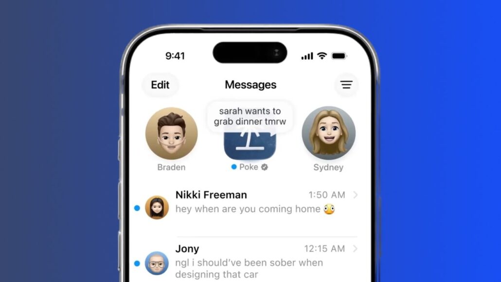 Phone screen showing a Messages app with three circular avatars at the top and a list of chats below, on a blue background.