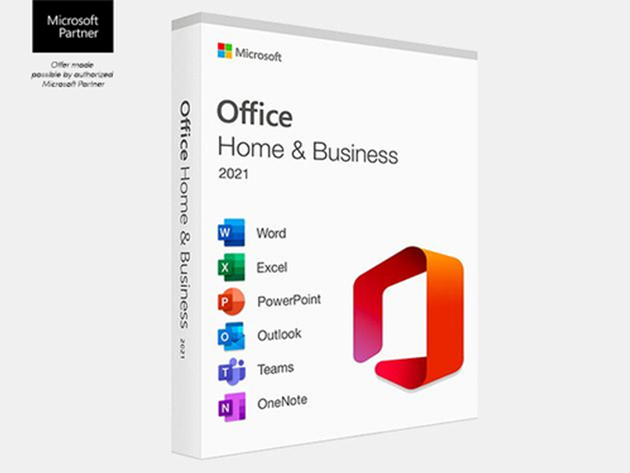 Box of Microsoft Office Home & Business 2021 showing Word, Excel, PowerPoint icons on the left and the Office logo on the right.
