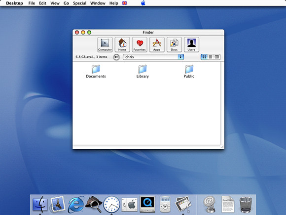 Mac OS X desktop with Finder window open showing three folders—Documents, Library, Public—dock visible at bottom and blue wallpaper in the background.