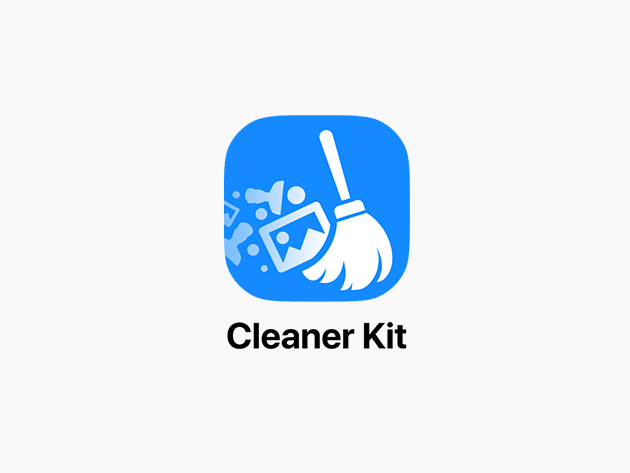 Cleaner Kit app icon: blue rounded square with a white broom sweeping cleaning tools