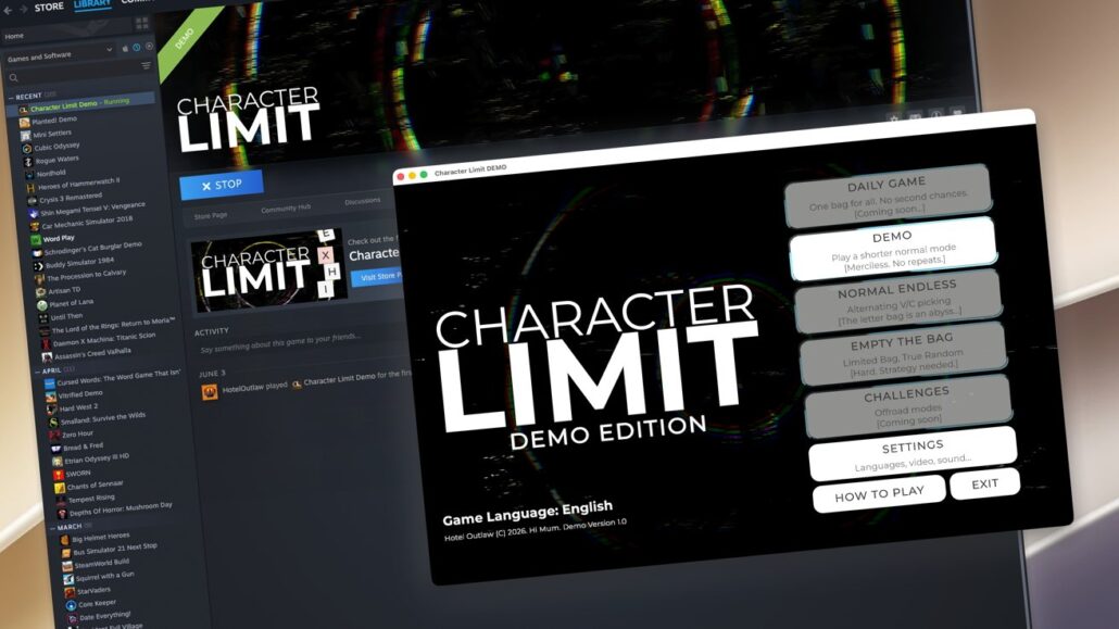 Screenshot of a desktop showing the 'Character Limit' demo game launcher with a dark UI, left game library, and right-side options menu.