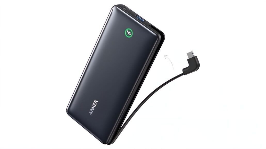 Anker smartphone in black angled with a magnetic charging cable hovering beside it, showing a 100% badge on the back.