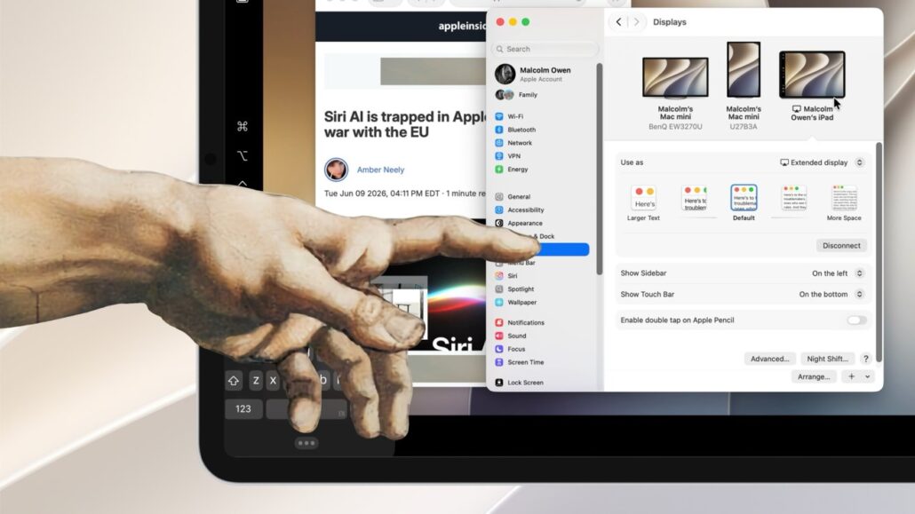 Hands on Sidecar previews a full touch interface for macOS 27 - Dans Tutorials - Dans Tutorials Close-up of a hand pointing at a MacBook screen showing the Displays preferences panel with a sidebar of system settings nearby.