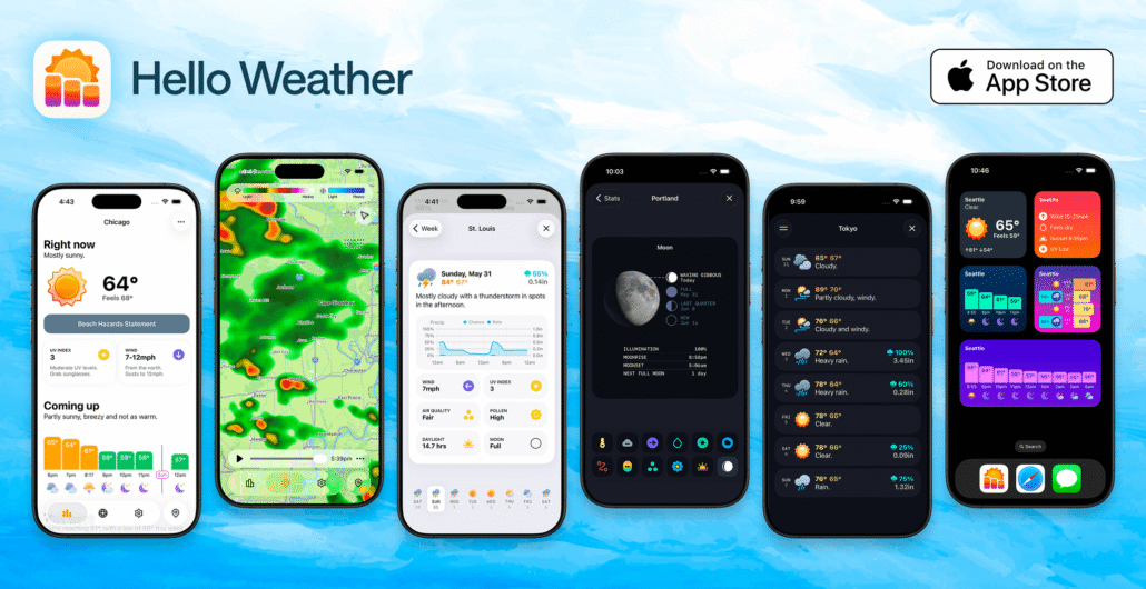 Hello Weather banner with app logo and multiple iPhone screens showing weather data, maps, and widgets beside an App Store badge.
