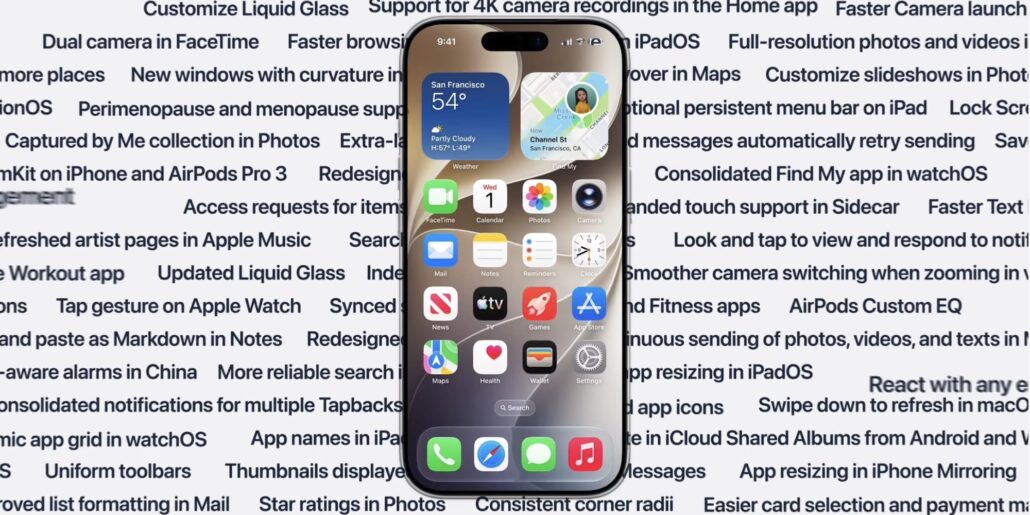 iPhone with home screen widgets centered, over a background of tech feature headlines in a bold font