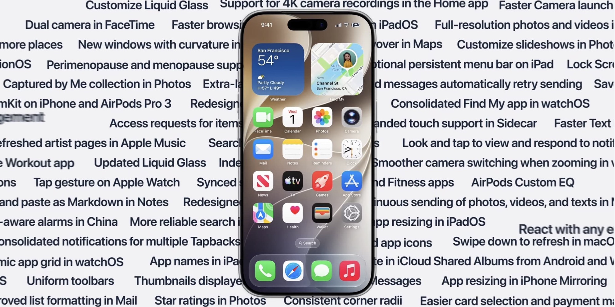 iPhone with home screen widgets centered, over a background of tech feature headlines in a bold font