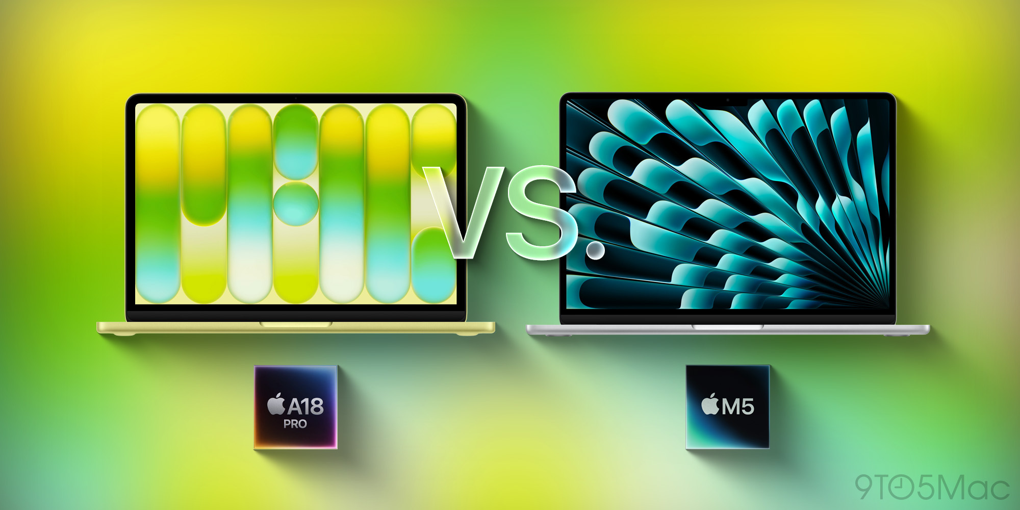 Two laptops face off with a bold 'VS' between them on a vibrant green background; left shows a colorful rounded-bar display, right a teal abstract pattern.