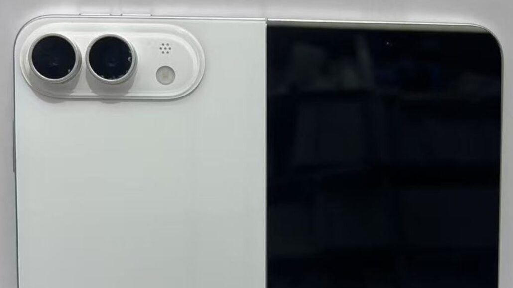 Heres what the folding iPhone looks like open and shut - Dans Tutorials - Dans Tutorials Back view of a white smartphone with a dual-camera module in the top-left corner.