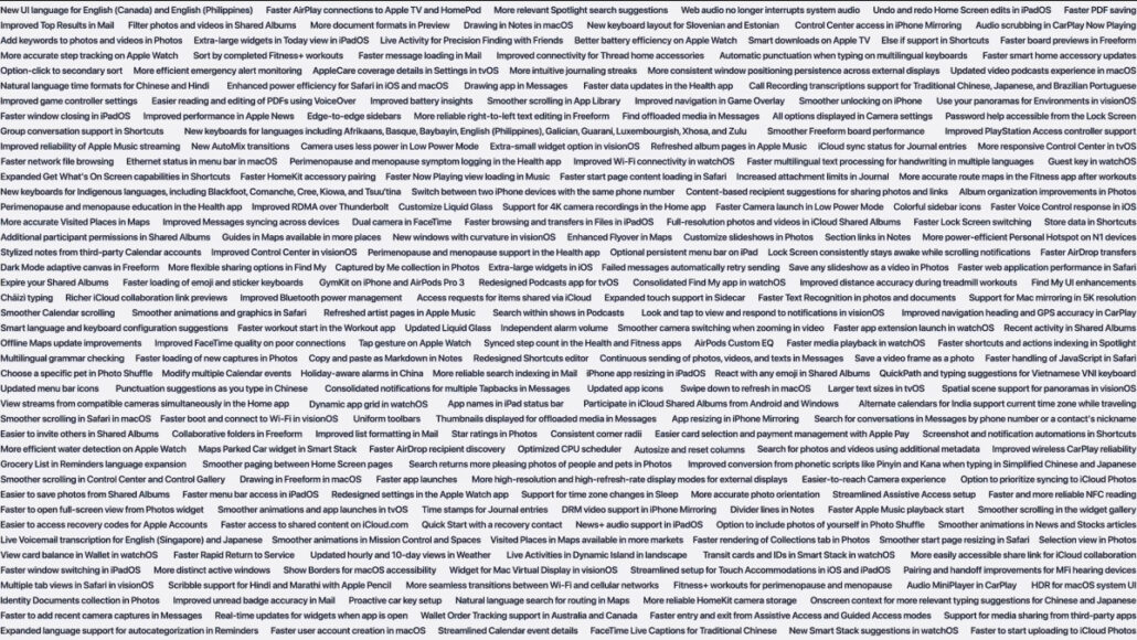 Dense block of tiny text listing numerous app features and language options; overall conveys broad product updates, not legible detail in small print.