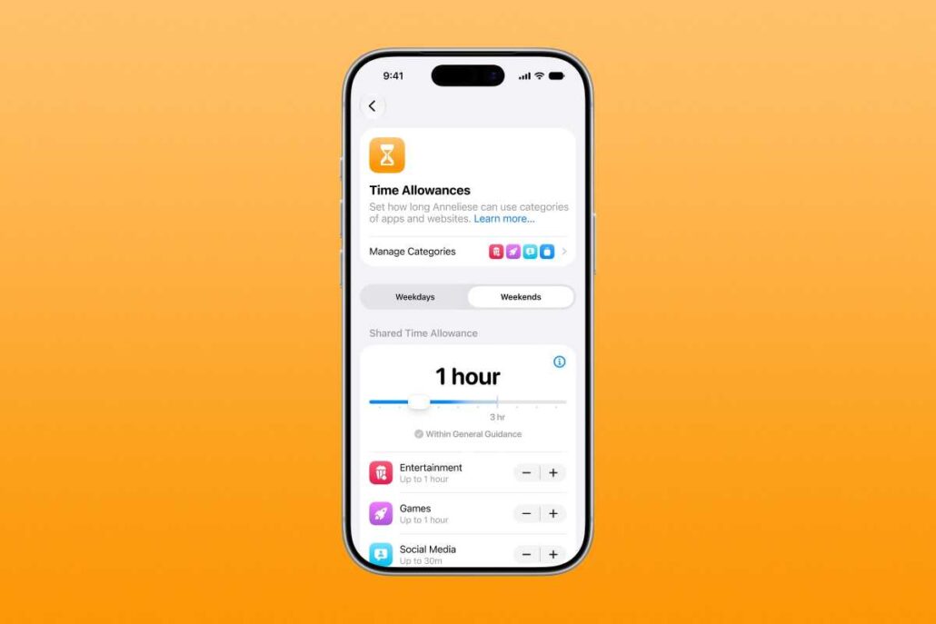 iPhone screen showing Time Allowances settings with an adjustable 1-hour limit for apps like Entertainment and Games
