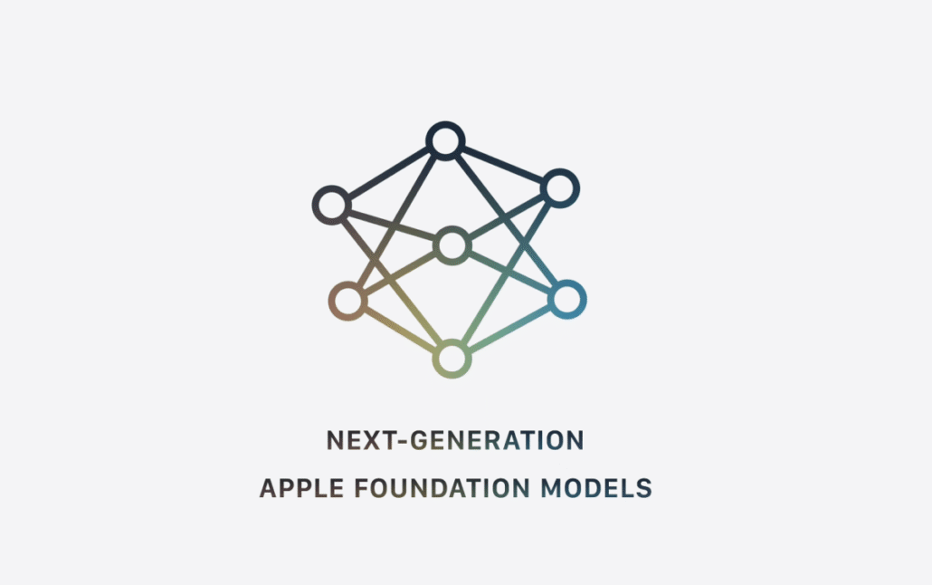 Network of interconnected circles in a gradient from blue to brown, with the caption 'NEXT-GENERATION APPLE FOUNDATION MODELS' below.